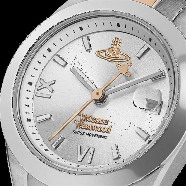 Visage cadran Vivienne Westwood VV292SLSR avec index appliqués, aiguilles dorées et date à 3h, finition soleillée argentée