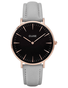 Montre Femme Cluse La Bohème CL18018 - Cadran Noir, Boîtier Or Rose, Bracelet Cuir Gris