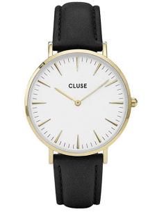 Montre Cluse La Bohème CL18406 - Boîtier or, cadran blanc, bracelet cuir noir - Unisexe