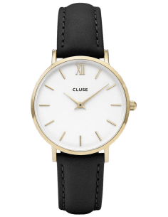 Montre Cluse Minuit CL30019 - Boîtier or, cadran blanc, bracelet cuir noir - Unisexe