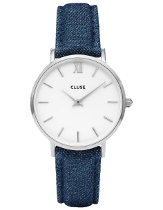 Montre Cluse Minuit CL30030, Cadran Blanc 33mm, Bracelet Cuir Denim Bleu - Unisexe