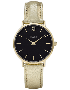 Montre Femme Cluse Minuit CL30037, boîtier et bracelet cuir doré, cadran noir