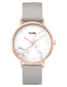 Montre Femme Cluse La Roche CL40005 - Cadran Blanc Marbré, Boîtier Or Rose, Bracelet Cuir Gris