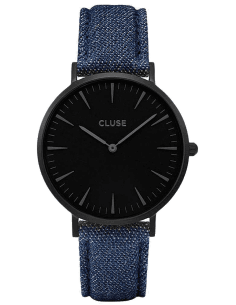 Montre Femme Cluse La Bohème CL18507 - Cadran Noir, Bracelet Denim Bleu
