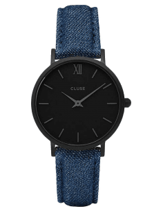 Montre Femme Cluse Minuit CL30031 - Cadran Noir, Bracelet Denim Bleu