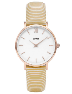 Montre Cluse Minuit CL30032 pour Femme, Cadran Blanc, Bracelet Cuir Beige à Rayures
