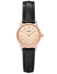 Montre Femme Cluse La Vedette CL50028 - Cadran doré, bracelet cuir noir, boîtier or rose
