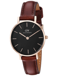 Montre Femme Daniel Wellington Classic Petite DW00100225 Cadran Noir Boîtier Or Rose Bracelet Cuir Marron