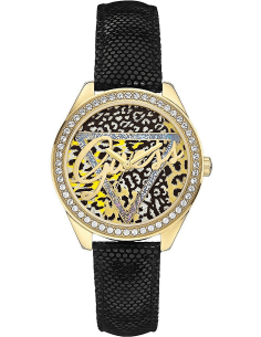 Montre Guess W0456L4 pour Femme - Boîtier Doré, Cadran Léopard, Bracelet Cuir Noir