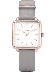 Montre Femme Cluse La Tétragone CL60005 - Cadran carré blanc, bracelet cuir gris, boîtier or rose