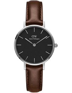 Montre Femme Daniel Wellington Classic Petite en acier argenté, cadran noir et bracelet cuir marron - Réf. DW00100233