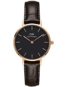 Montre Femme Daniel Wellington Classic Petite DW00100226, Cadran Noir, Bracelet Cuir Marron, Boîtier Or Rose