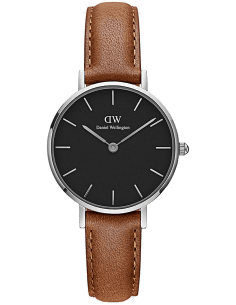 Montre Femme Daniel Wellington Classic Petite 28mm, Cadran Noir, Bracelet Cuir Marron - DW00100234