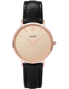 Montre Femme Cluse Minuit CL30051 - Boîtier or rose, cadran doré, bracelet cuir noir