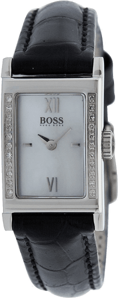 Montre Hugo Boss 1502192 pour femme, boîtier argent rectangulaire et bracelet cuir noir