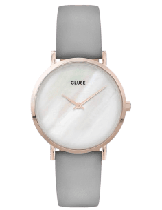 Montre Femme Cluse Minuit La Perle - Cadran Blanc Perle, Boîtier Or Rose, Bracelet Cuir Gris - Réf. CW0101203016