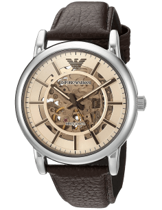 Montre Homme Emporio Armani AR1982 Automatique Squelette Cadran Bronze Bracelet Cuir Marron