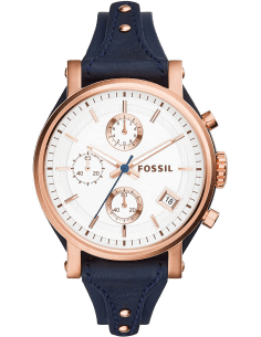 Montre Femme Fossil Original Boyfriend ES3838, boîtier or rose et bracelet cuir bleu