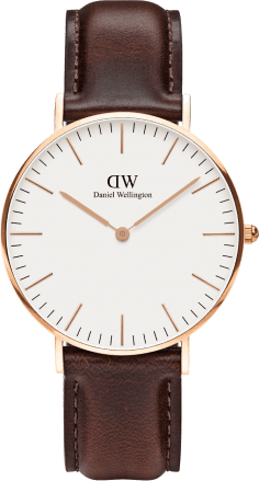 Montre Daniel Wellington Classic Bristol DW00100039, boîtier or rose 36mm, cadran blanc, bracelet cuir marron - Unisexe