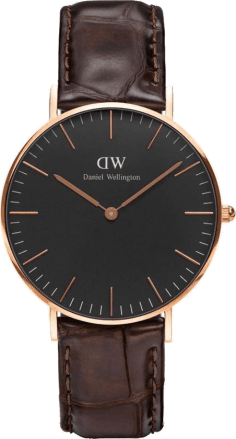 Montre Daniel Wellington Classic Black York DW00100140 - Cadran noir, boîtier or rose, bracelet cuir marron pour femme