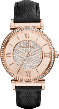 Montre Michael Kors Catlin MK2376 pour Femme - Cadran Fuchsia, Boîtier Or Rose, Bracelet Cuir Noir