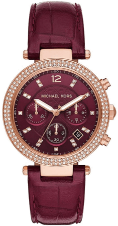 Montre Femme Michael Kors Parker MK6986 en or, cadran rouge et bracelet cuir bordeaux