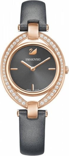Montre Femme Swarovski Stella 5376842 Cadran Noir Boîtier Or Bracelet Cuir