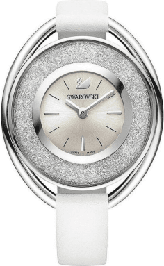 Montre Femme Swarovski Crystalline Oval 5158548 Cadran Argent Cristaux Bracelet Cuir Blanc