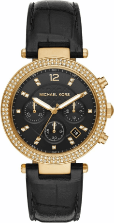 Montre Femme Michael Kors Parker MK6984, Cadran Or et Cristaux, Bracelet Cuir Noir
