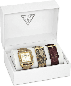 Montre Guess W0068L2 Femme, Boîtier Or et Cadran Blanc, Coffret avec 3 Bracelets