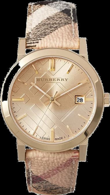 Montre Femme Burberry BU9026 The City - Cadran Argenté à Motif Check, Boîtier Doré et Bracelet Cuir Noir