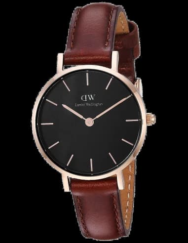Montre Femme Daniel Wellington Classic Petite DW00100225 Cadran Noir Boîtier Or Rose Bracelet Cuir Marron