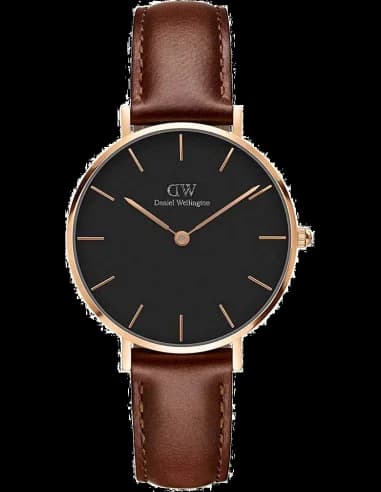 Montre Femme Daniel Wellington DW00100169 Cadran Noir Boîtier Or Rose Bracelet Cuir Marron