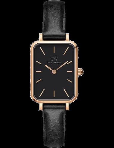 Montre Femme Daniel Wellington Quadro Sheffield DW00100435 - Cadran Noir, Boîtier Or Rose, Bracelet Cuir