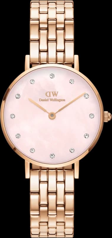 Montre Femme Daniel Wellington Petite Lumine 5-Link Melrose DW00100617, Cadran Rose Nacré, Bracelet Or Rose