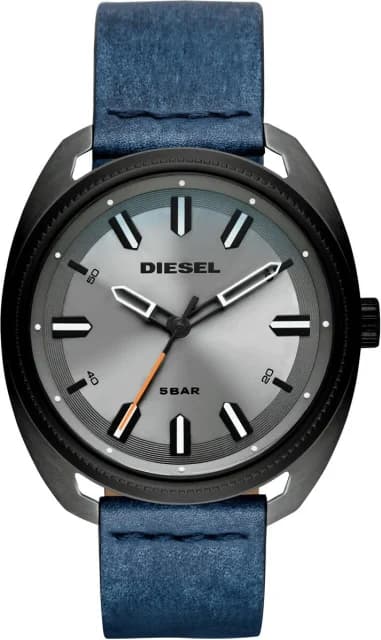 Montre Diesel DZ1838 Fastbak Homme - Boîtier Acier Noir, Cadran Argent, Bracelet Cuir Bleu