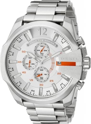 Montre Diesel Mega Chief DZ4328 pour Homme, Boîtier Acier Argenté et Accents Orange
