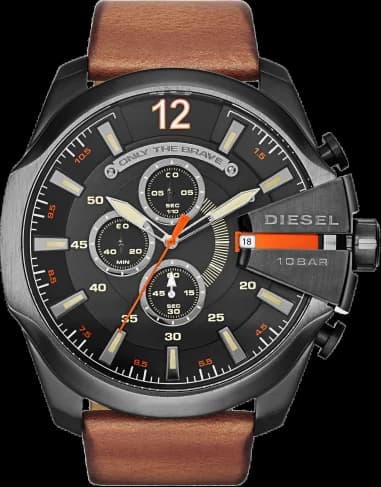 Montre Diesel Mega Chief DZ4343 pour Homme - Boîtier Acier Noir, Cadran Noir, Bracelet Cuir Marron