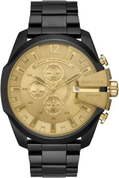 Montre Diesel DZ4485 Mega Chief Homme, Boîtier Acier Noir 51mm, Cadran Doré