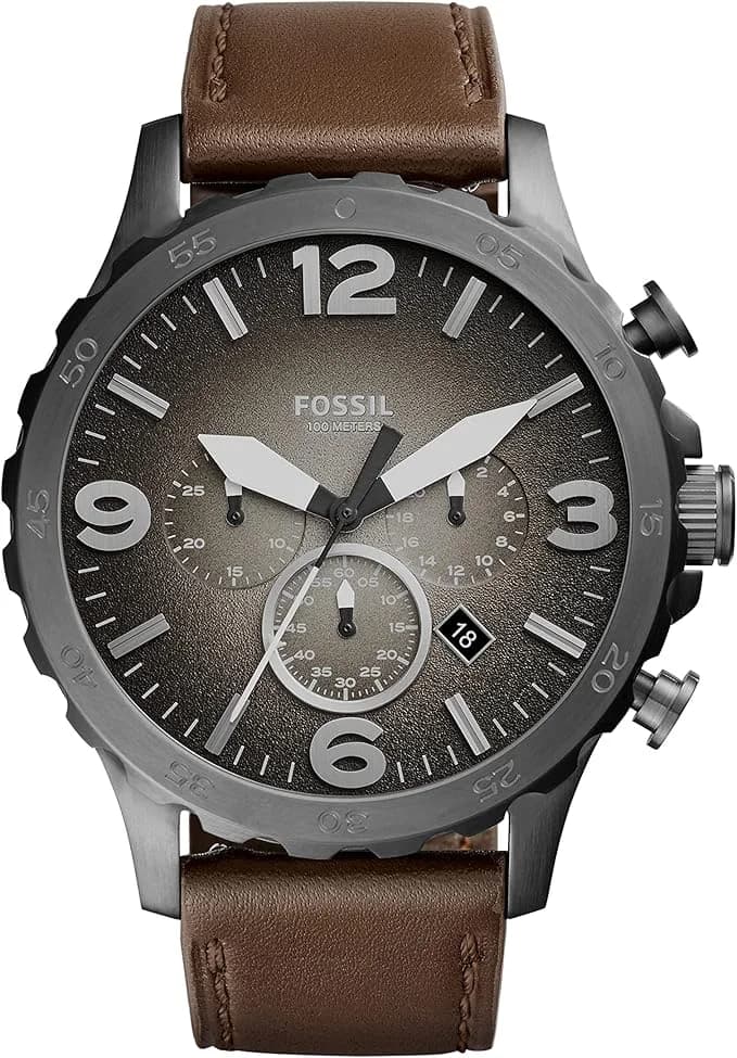 Montre Fossil Nate JR1424 bracelet cuir marron homme cadran argent