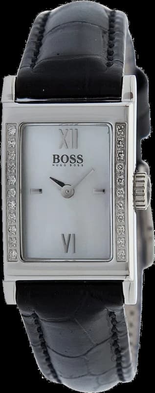 Montre Hugo Boss 1502192 pour femme, boîtier argent rectangulaire et bracelet cuir noir