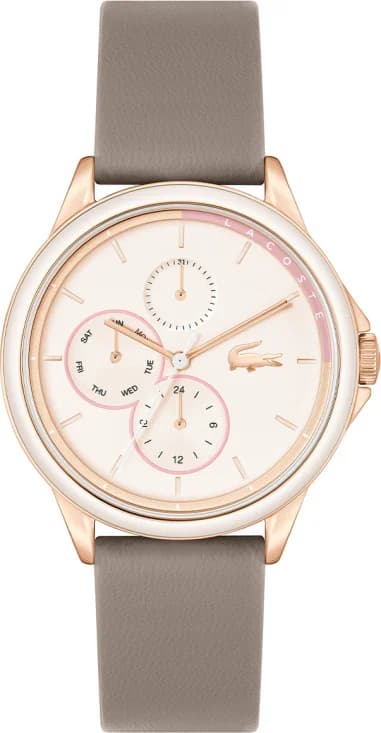 Montre Femme Lacoste Skyhook 2001339, Boîtier Or Rose, Cadran Beige, Bracelet Cuir Marron