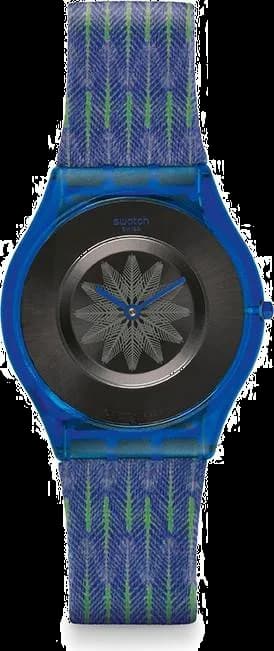 Montre Femme Swatch For the Love of Pattern SFS102 - Cadran noir, bracelet nylon bleu