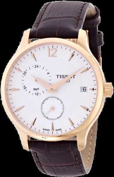 Montre Homme Tissot Tradition GMT T0636393603700, Boîtier Or Rose, Cadran Blanc, Bracelet Cuir Brun