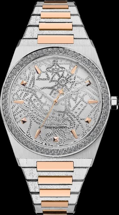 Montre Femme Vivienne Westwood VV244WSSR - Cadran Tonneau Argent, Bracelet Bicolore Acier & Or Rose, Boîtier Serti de Strass