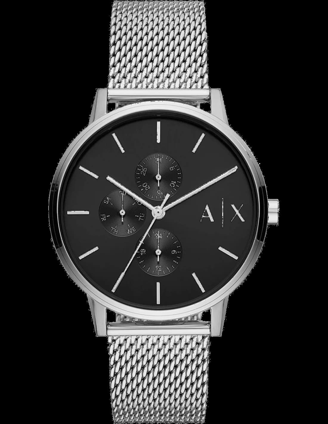 Garde-temps Armani Exchange AX2714 pour homme, cadran noir, bracelet acier poli, maille milanaise