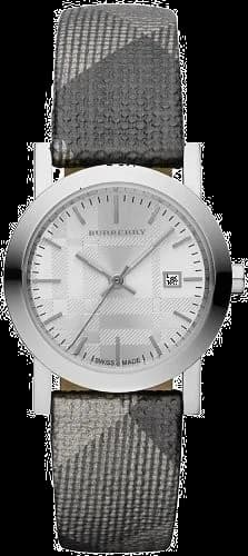 Garde-temps Burberry BU1873 pour femme, au cadran argenté et bracelet cuir gris