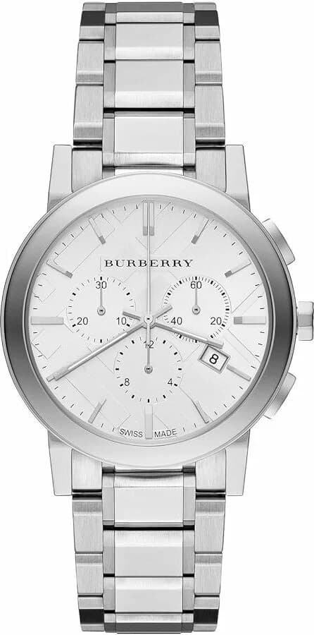 Garde-temps Burberry BU9750 pour unisexe, cadran argenté, bracelet acier, chronomètre précis