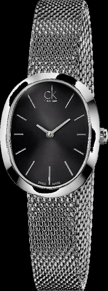 Garde-temps Calvin Klein K3P23121 pour femme, maille milanaise argentée, cadran noir