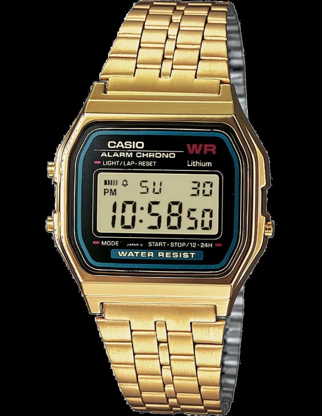 Garde-temps Casio A159WGEA-1EF pour homme, boîtier doré, cadran noir, bracelet acier